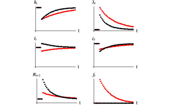 Impulse response functions to 50% destruction of the capital stock