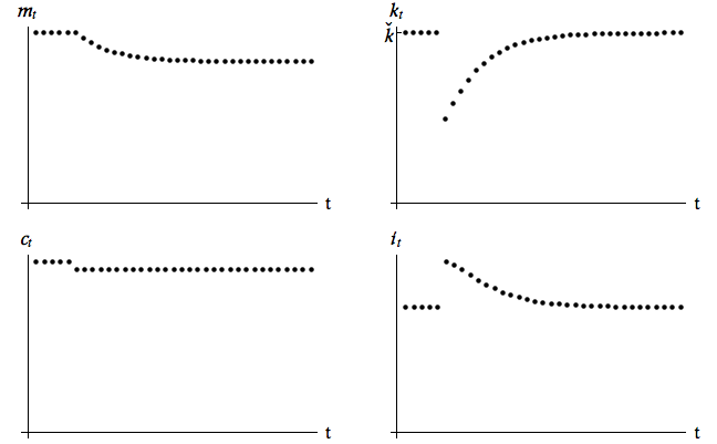Impulse response to a negative shock to k_t (capital destroyed by meteor).